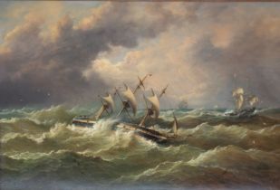 John Moore of Ipwich (1820-1902) Stormy seas of the Suffolk coast oil on canvas, 59 x 90cm signed