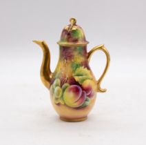 A Royal Worcester hand painted small (miniature) coffee pot, decorated with green grapes, peached