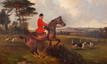 John Alfred Wheeler (1821-1903) Huntsman taking a fence with hounds oil on copper, 29 x 48cm  signed