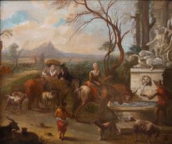 Continental School possibly Italian (19th Century) Travellers resting by fountain with goats and