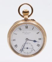 An early 20th century 9ct gold J.W Benson open faced pocket watch, comprising a white enamel dial