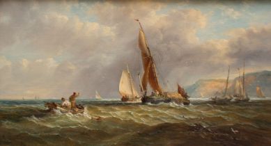 John Moore of Ipwich (1820-1902) Breezy east coast scene with fishermen and boats  oil on panel,