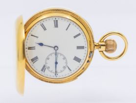 A late Victorian 18ct gold hunter pocket watch, comprising a white enamel dial with Roman