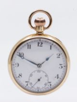 An early 20th century 9ct gold open faced pocket watch, comprising a white enamel dial with Arabic