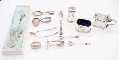 A group of silver to include: a Georgian style silver condiment set comprising: mustard pot and