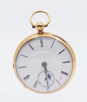A ladies late Victorian 18ct gold open faced pocket watch, comprising a white enamel dial with Roman