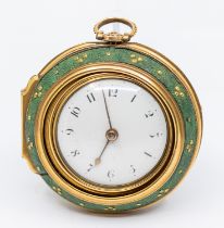 A Georgian silver gilt repousse and shagreen triple cased verge pocket watch, comprising a white