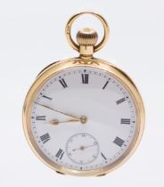 Omega- a 15ct gold open faced pocket watch, comprising a white enamel dial with Roman numerals,