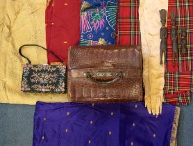 A mixed lot of textiles and others to include; a faux Crocodile leather Doctor's bag, opening to