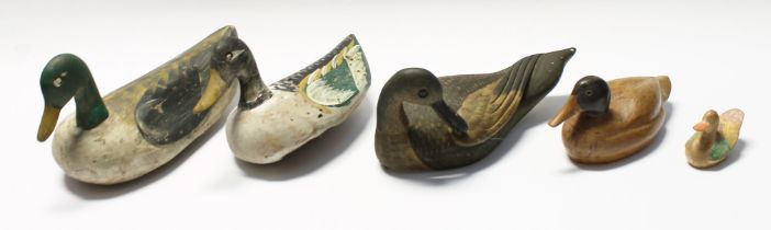 A collection of five early 20th Century painted wood duck decoys, various sizes and varieties, one