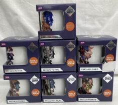 Doctor Who: A collection of seven boxed Doctor Who exclusive mugs, appear to be in an unused