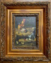 Edgar Hunt (After). Farmyard Scene, signed l.r., "E. Hunt", oil on copper, 16.5 x 11.5cm, framed