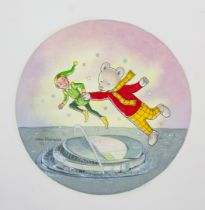 John Harrold (b. 1947). Rupert and the GreenChase Pixie Flying Over Wembley Stadium, signed l.l.,