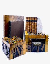 Library Accessories. A group comprising two storage boxes crafted with vintage printing blocks,