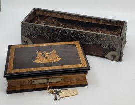 A Sorrento ware marquetry work jewellery box, the lid depicting dancing peasants, with two keys,