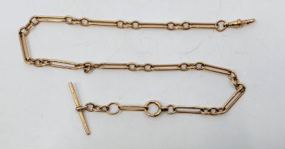 A 9ct. gold long and short link Albert chain, with T bar, length 45.5cm. (28.2g)