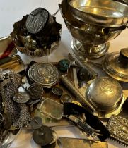 A large qty of small silver items, bowls, cheroot holders, buttons ,jewellery, opera glasses and