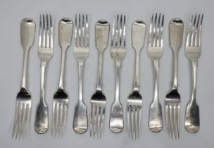 A set of ten Victorian silver fiddle pattern table forks, by Charles Boyton I, London 1843. (848.