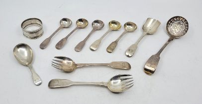 A William IV silver fiddle pattern sifting spoon, by Mary Chawner, London 1834, together with a