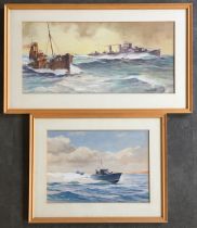 Two WW2 Period  R  Granger Barrett circa 1940s Gouache studies of Mine sweeper and battleships