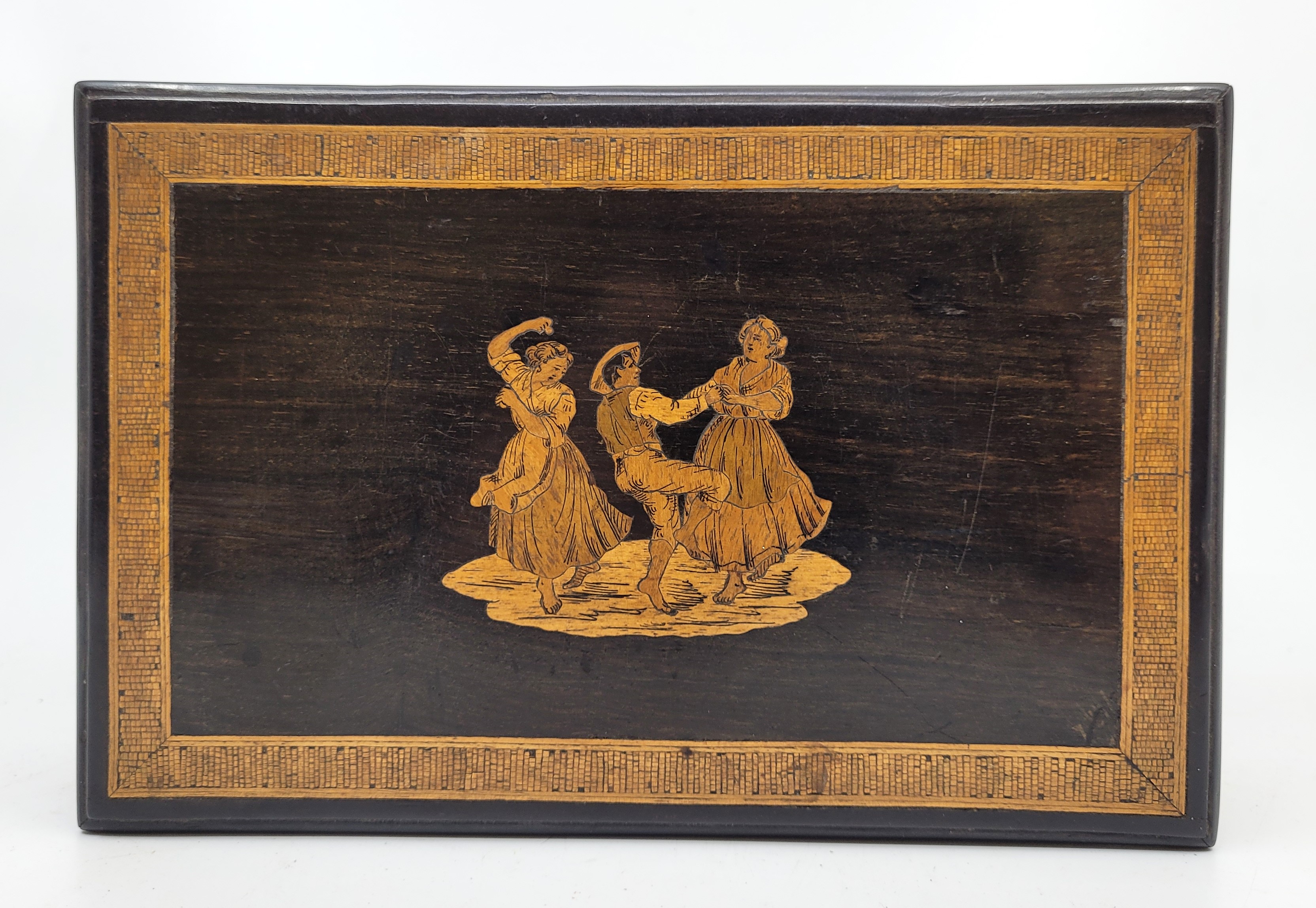 A Sorrento ware marquetry work jewellery box, the lid depicting dancing peasants, with two keys, - Image 5 of 6