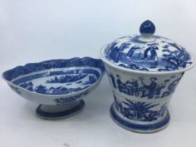 A 19th century blue and white Chinese brough pot together with a Chinese blue and white pedestal