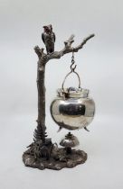 An unusual Victorian silver plated novelty brandy Warmer, c.1870, fashioned as a tree with owl