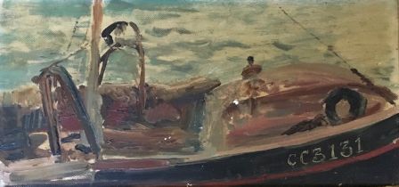 Folk art interest an  oil on board study of a boat 28cm x 58cm