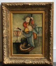 "Two Musicians", a 20th century oil on canvas, indistinctly signed lower left. 40.5cm x 30.5cm,