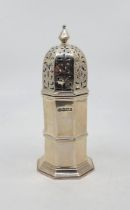 A Victorian octagonal silver caster, by James Deakin & Sons, Sheffield 1896, height 16cm. (172.9g)