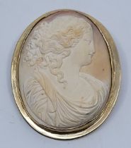 A 9ct. gold mounted oval shell cameo brooch, carved with profile bust of a classical maiden,
