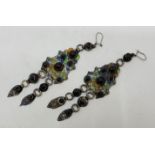 A pair of white metal and polychrome cloisonne enamel and paste set drop earrings, (white metal