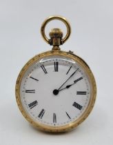 An 18ct. gold open faced pocket watch, crown wind, having white enamel Roman numeral dial with outer