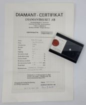 A round brilliant-cut diamond, in sealed perspex case with  Diamanthuset AB certificate stating 0.