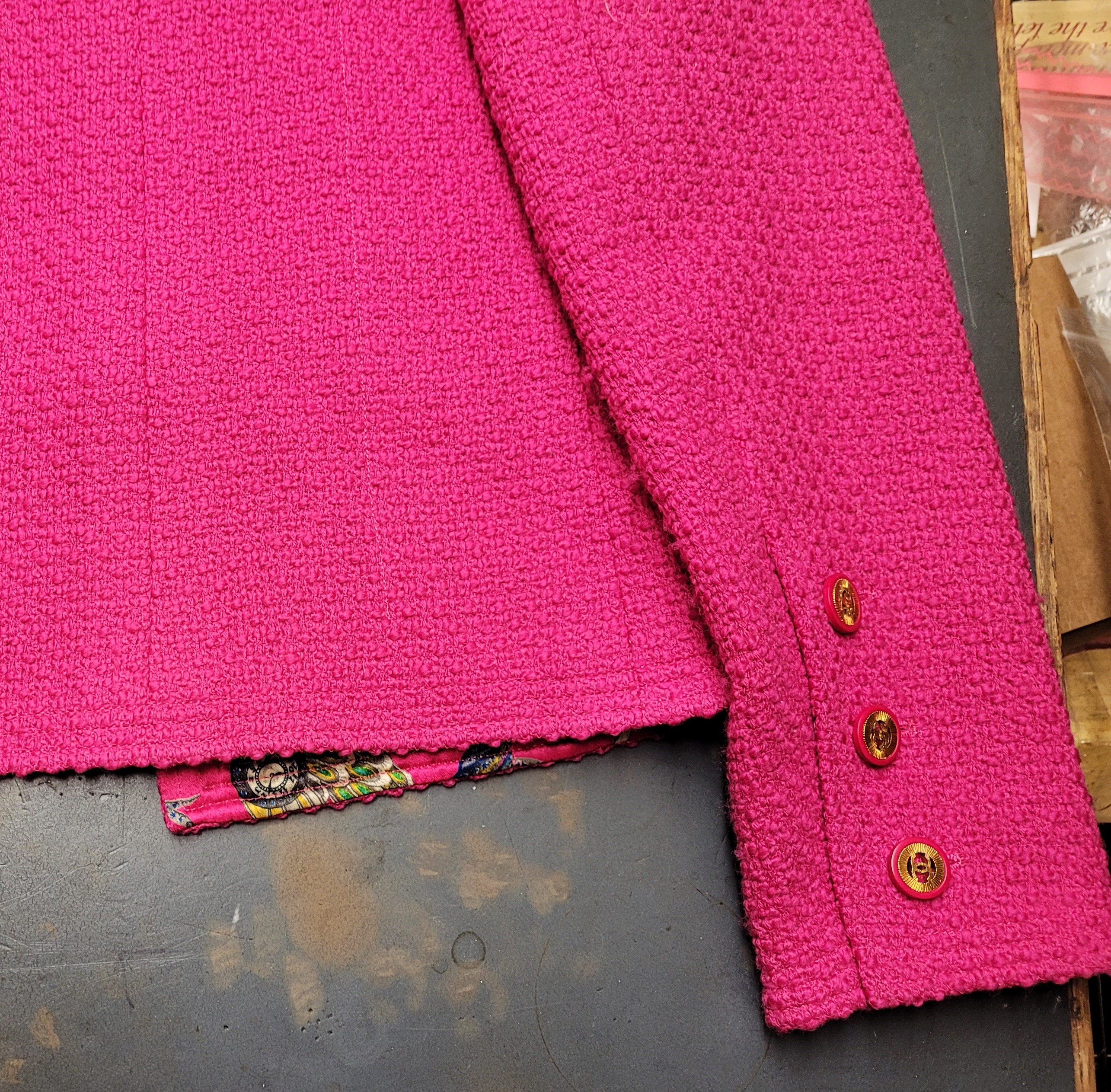 A Chanel Boutique "Hot Pink" two piece boucle suit, the jacket with printed silk lining four - Image 4 of 7