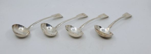 A set of four Victorian fiddle pattern silver sauce ladles, by Charles Boyton I, London 1843, length