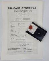 A round brilliant-cut diamond, in sealed perspex case with Diamanthuset AB certificate stating 0.