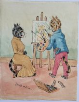 **WITHDRAWN**Louis Wain (British 1860-1939), "Artist and his sitter", watercolour, signed lower