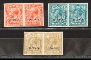 GB King George V specimen overprints Watermark Block Cypher. 1d scarlet, 10d turquoise blue and 1s