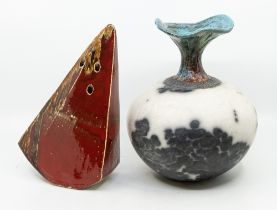Studio pottery comprising a Karen Cohen raku vase black and white body with blue and red neck,