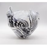 Peter Layton Studio glass bowl externally decorated with a fissured black to grey over satin white