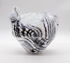 Peter Layton Studio glass bowl externally decorated with a fissured black to grey over satin white