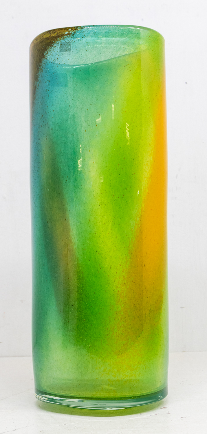 Svaja hand crafted art glass. A large tall vase decorated in shades of green, yellow, blue and - Image 5 of 7