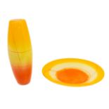 Svaja hand crafted art glass. A large tall vase with a yellow and orange abstract pattern to the