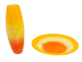 Svaja hand crafted art glass. A large tall vase with a yellow and orange abstract pattern to the