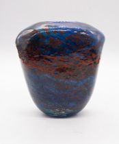 Karen Lawrence Studio glass vase blue and orange overlaid decoration. Signed to the base. Height