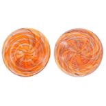 Svaja hand crafted art glass. A pair of large bowls decorated with orange swirls. Diameter approx