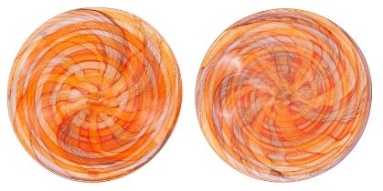 Svaja hand crafted art glass. A pair of large bowls decorated with orange swirls. Diameter approx