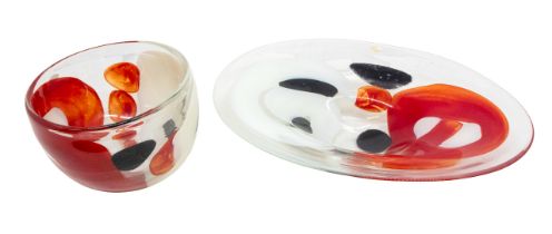 Svaja hand crafted art glass. A large oval clear glass bowl decorated with red, black and white