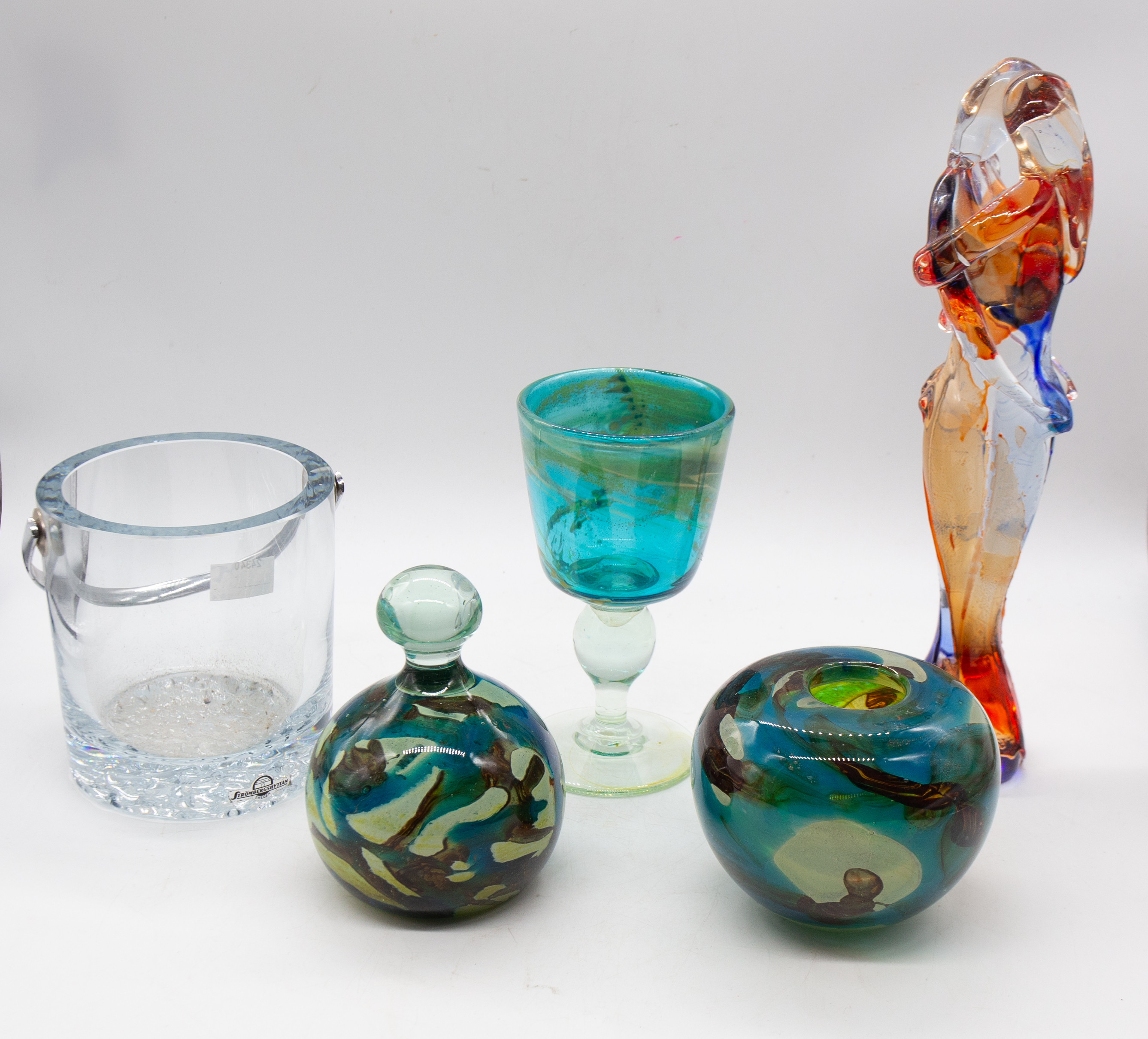Studio glass comprising Mdina goblet, vase and paperweight, Strombergshyttan ice bucket, Murano